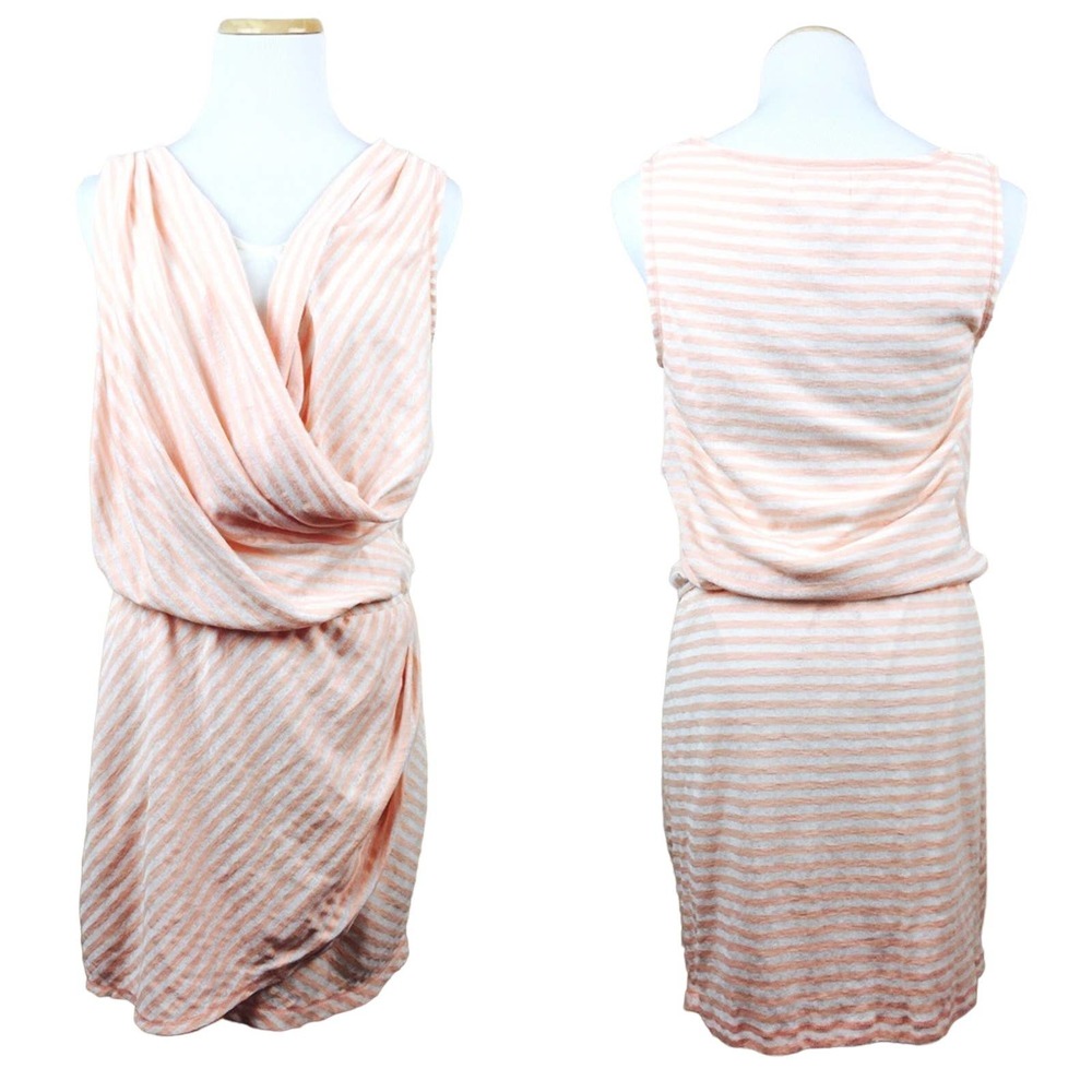 MSSP Coral White Striped Resort Draped Cowl Wrap Knit Dress SMALL Blouson Preppy